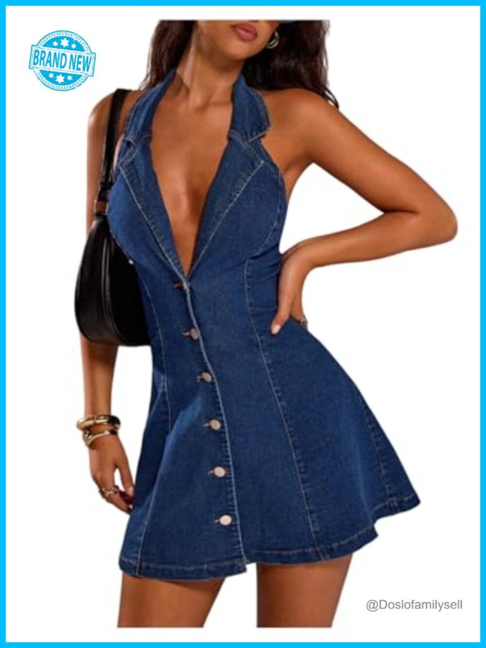 Sleeveless Halter Mini Dress Button Down A Line Denim Going Out
